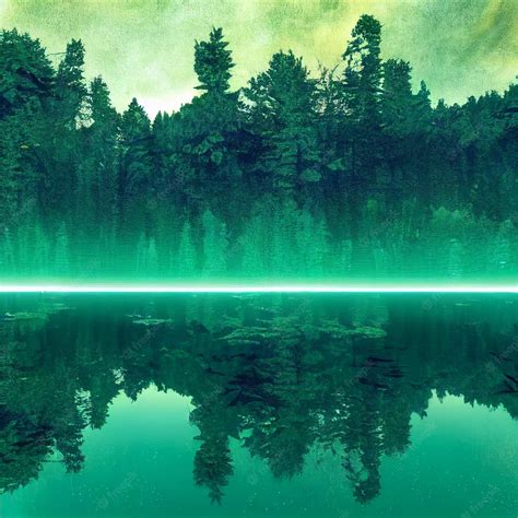 Premium Photo Vaporwave Lake With Reflection Of Forest Trees