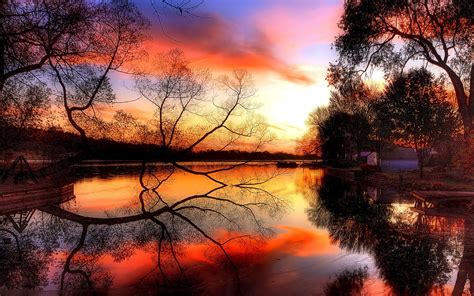 Autumn Sunset Pond Lakes Reflection Wallpapers Hd Desktop And