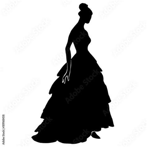 Silhouette Of A Young Pretty Woman In Long Dress With Frill Fluffy