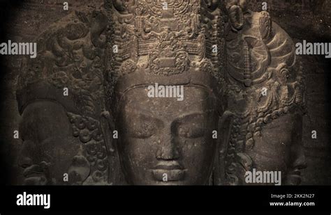 Ancient Trimurti Sculpture At Elephanta Caves In Mumbai Maharashtra
