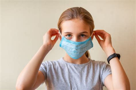 Little Teenage Girl In Medical Mask Sad And Scared Stock Image Image