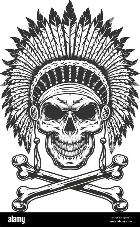 Vintage Monochrome Indian Chief Skull With Feathers Headwear And