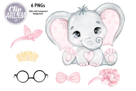 Blush Pink Elephant Watercolor 6 Pngs Princess Baby Elephant Set By