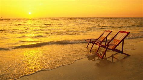 Two Wooden Chairs On Beach Sand Water During Sunrise HD Lounge Wallpapers HD Wallpapers ID