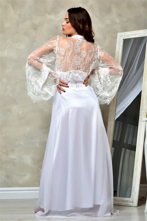 White Bridal Satin Peignoir Set Long Lace Robe And Nightgown Etsy Uk