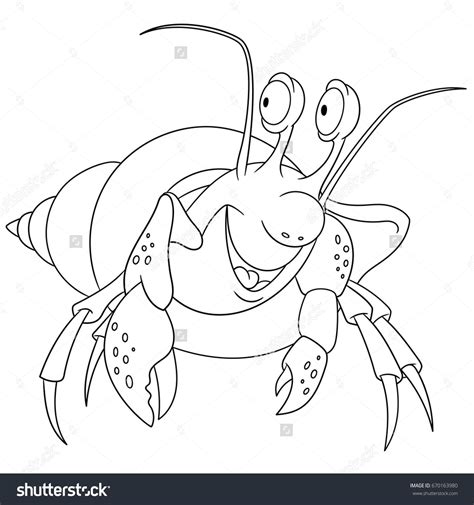 A cute hermit crab coming out of it's shell isolated on white drawn in toddler art style. Coloring page. Cartoon hermit crab in a shell. Vector ...