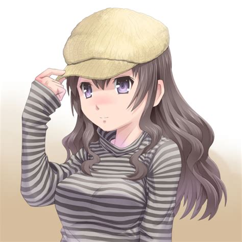 Safebooru Black Hair Blush Hat Long Hair Meow Nekodenki Original Purple Eyes Solo Striped