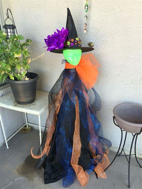 Colorful Witch Made From Styrofoam Head And Tomato Cage Halloween