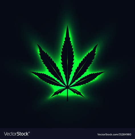 Black Cannabis Leaf Silhouette With Green Neon Vector Image