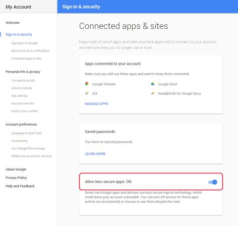 You can flip the switch here to enable less secure applications again so that access is regained. Prepare your Gmail Account for Migration | Library ...