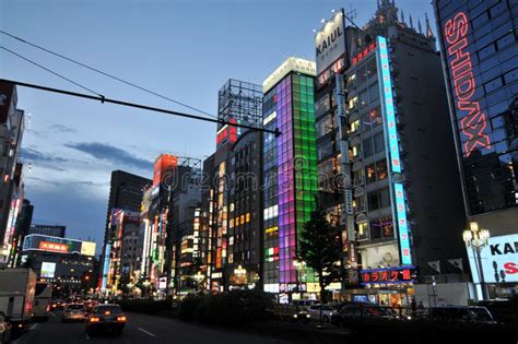 Ginza District With Illuminated Buildings At Night Editorial Photo