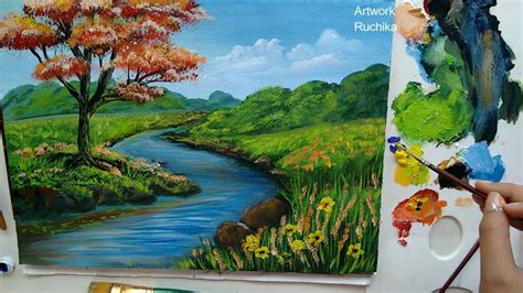 A Landscape Painting With Flowers Acrylic Painting