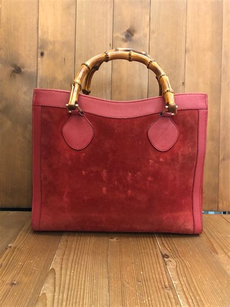 Authentic Vintage Gucci Suede Leather Bamboo Tote Dia Gem