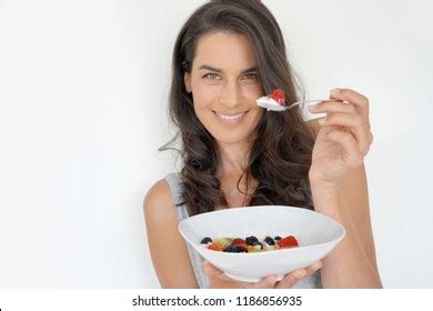 Portrait Attractive Brunette Woman Eating Healthy Stock Photo