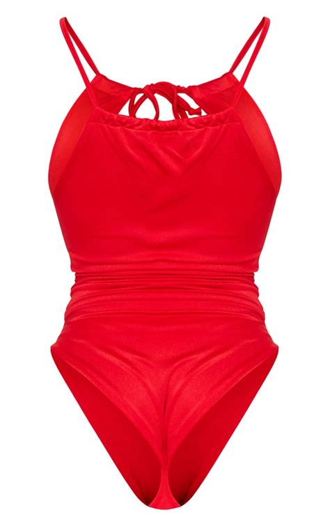 Red Ruched Neck Cut Out Halterneck Swimsuit Prettylittlething