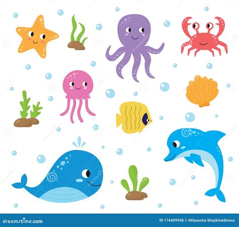 Conjunto De Animales Marinos Dibujos Animados Lindo Vida Submarina