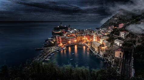 City Cityscape Cinque Terre Italy Night Stars Sea Boat Building