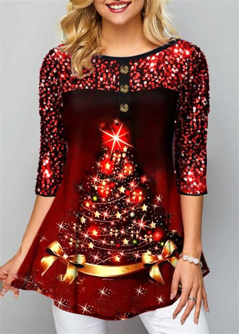 Christmas Tree Print Sequin Embellished T Shirt Trendy Tops For Women