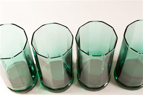 5 Decagon Glasses 14oz Vintage Set Of Green Tumblers Geo Barware Water Glasses Retro