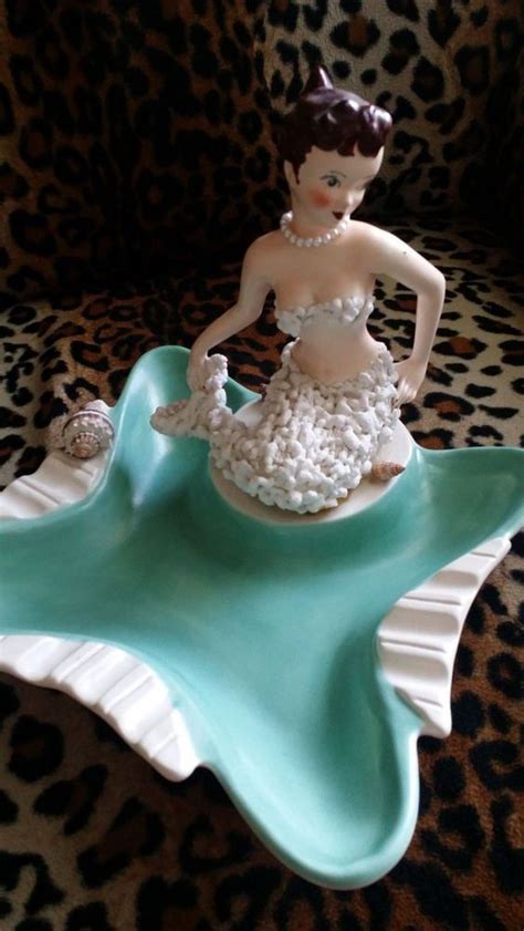 Vintage Mermaid Dish Ashtray Shells California Usa Turquise Pearls