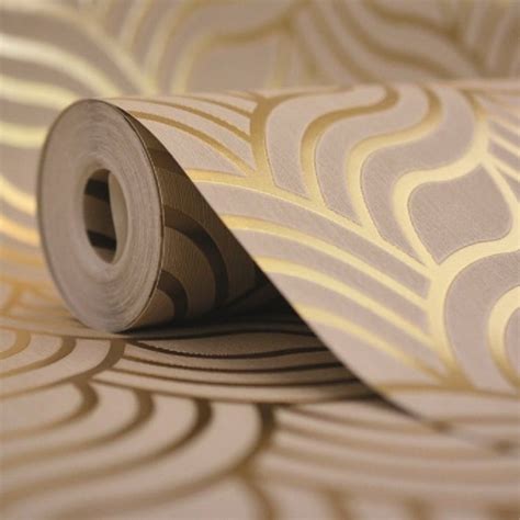 Muriva Art Deco Foil Gold And Beige Geometric Wallpaper