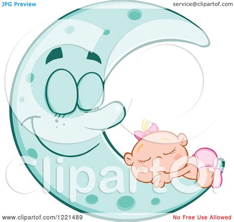 Clipart Of A Caucasian Baby Girl Sleeping On A Happy Blue Crescent Moon