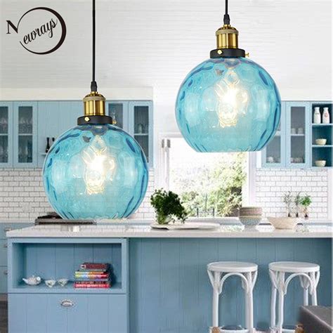ckbean modern loft blue color glass pendant light led e27 home deco nordic hanging lamp with 3