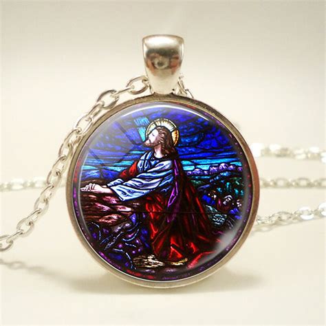 Jesus Christ Praying Stained Art Picture Glass Cabochon Pendant