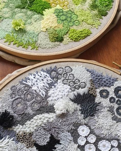 Hannah Kwasnycia Stitches Moss Lichen And Coral Reef Embroidery Hoops