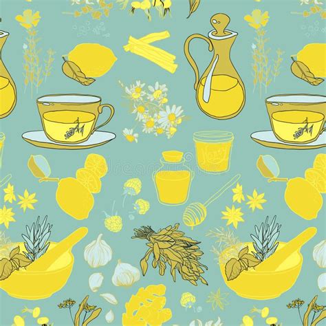 Set Of Objects And Herbs To Treat Colds Pattern Stock Vector