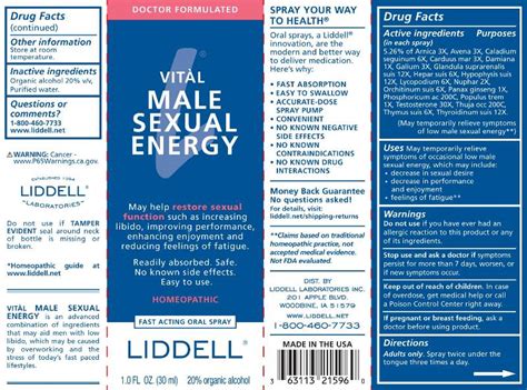 Vital Male Sexual Energy Liddell Laboratories Inc Package Insert