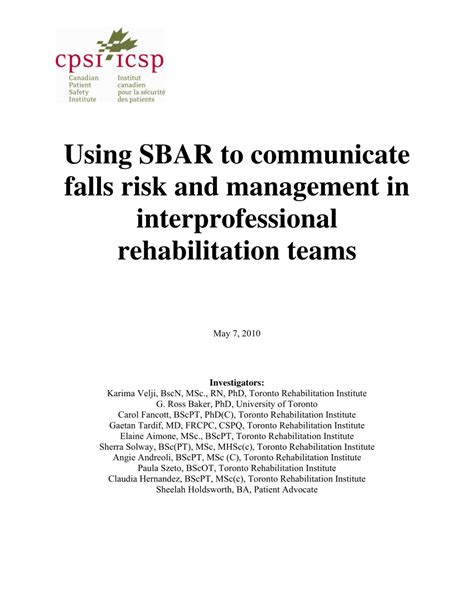 Pdf Using Sbar To Communicate Falls Risk And Management In Inter