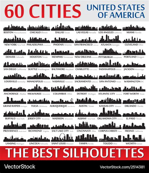 Incredible Skyline Set 60 City Silhouettes Of Usa Vector Image