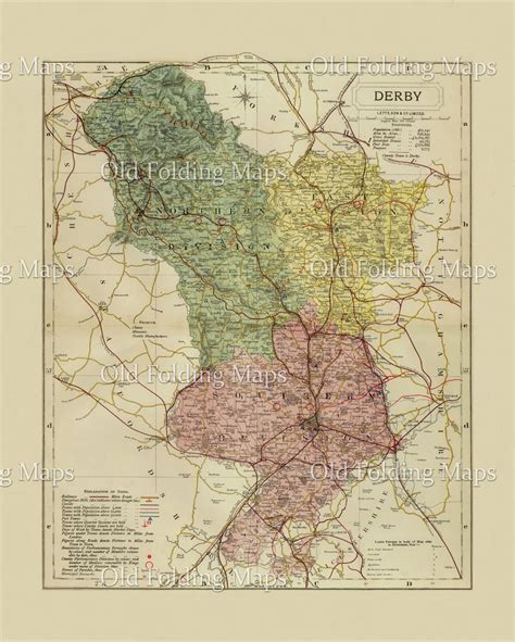 Of england, having yorkshire on the n., notts on the e., leicestershire, warwickshire, and staffordshire on the s., and staffordshire and cheshire on the w.; Antique County Map of Derbyshire circa 1884