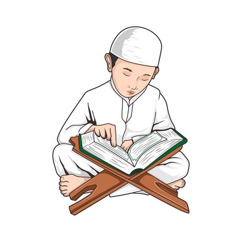 Muslim Man Cartoon Reading Al Quran Isolated In Flat Vector Design
