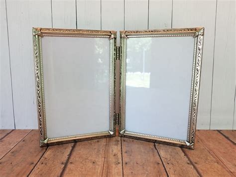 vintage 5x7 silver metal double hinged two part photo picture frame 5 x