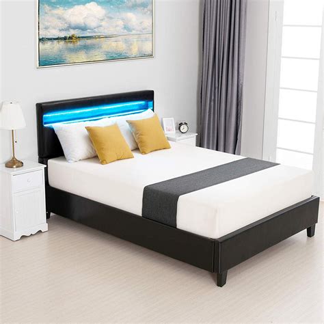 mecor modern upholstered faux leather platform bed with led light headboard with 2 8 inch solid