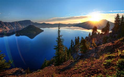 Crater Lake Oregon Hills Water Sunset Reflections Firs Hd