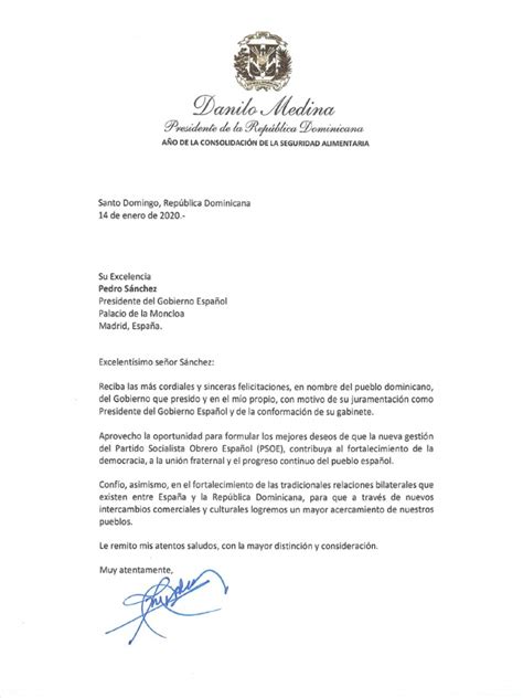 Carta De Felicitación Del Presidente Danilo Medina A Pedro Sánchez Con