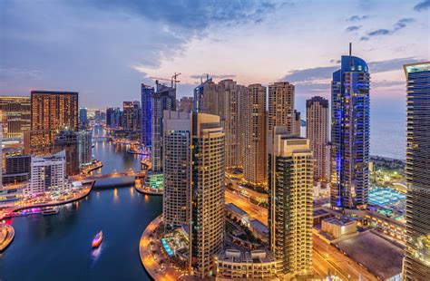 Dubai Marina Architecture At Suset United Arab Emirates