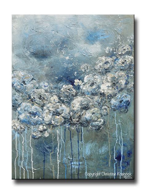 Original Art Abstract Blue Grey Floral Painting Flowers