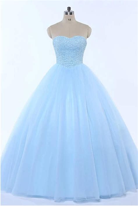 Sweetheart Baby Blue Tulle Long Crystal Strapless Ball Gown Sweet 16