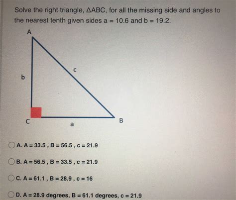 Solve the right triangle, \( \triangle ABC \) , fo... - CameraMath