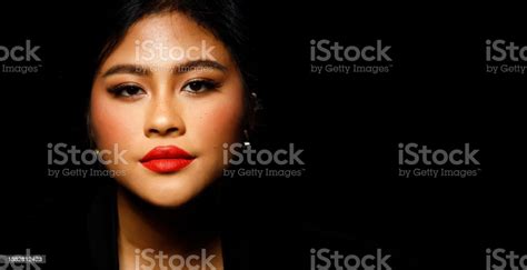 Asian S Woman Chubby Wear Black Fur Jacket Red Lips And Freckles Over