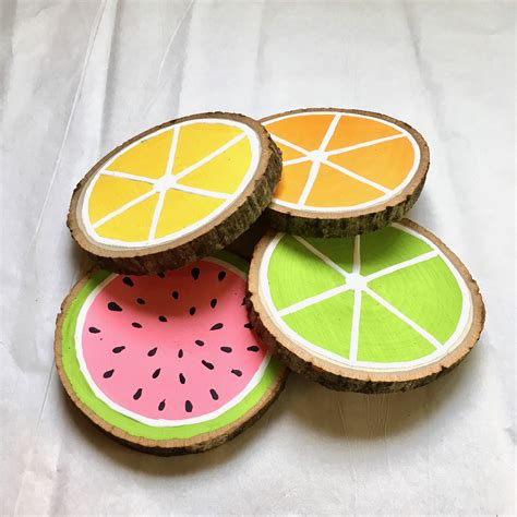 Fruit Wood Slice Coasters Hand Painted Fruit Wood Slice Coasters By