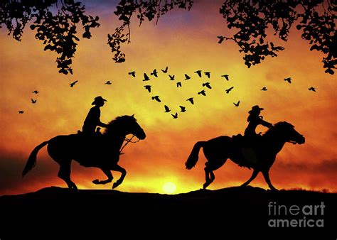 Cute And Romantic Country Western Cowboy And Cowgirl Riding Photograph