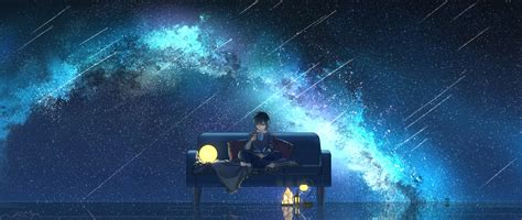 Download 3000x1272 Anime Boy Anime Landscape Starry Sky Night Scenery Barefoot Drink