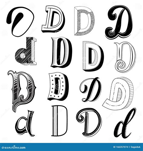 Hand Drawn Set of Different Writing Styles for Letter D Stock Vector