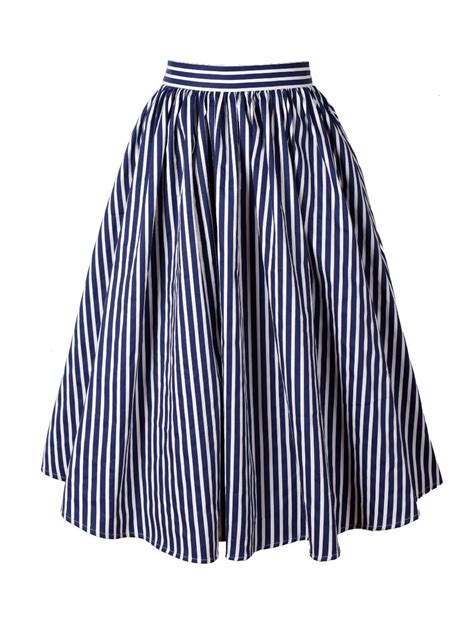 45 Women Vintage 1950s Blue Stripe Print High Waist Pleated Swing Skirt