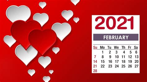 February 2021 Calendar Red White Heart Wallpaper 72224 Baltana